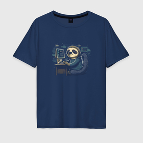 Мужская футболка хлопок Oversize с принтом Ленивец программист в Санкт-Петербурге, 100% хлопок | свободный крой, круглый ворот, “спинка” длиннее передней части | Тематика изображения на принте: 