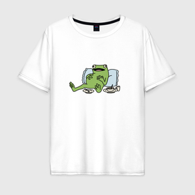 Мужская футболка хлопок Oversize с принтом Ленивая лягушка в Белгороде, 100% хлопок | свободный крой, круглый ворот, “спинка” длиннее передней части | Тематика изображения на принте: 