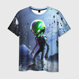Мужская футболка 3D с принтом Alien during a space storm в Курске, 100% полиэфир | прямой крой, круглый вырез горловины, длина до линии бедер | 