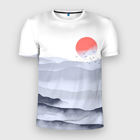Мужская футболка 3D Slim с принтом Японский пейзаж   восход солнца , 100% полиэстер с улучшенными характеристиками | приталенный силуэт, круглая горловина, широкие плечи, сужается к линии бедра | 