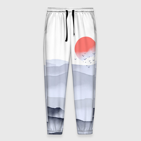 Мужские брюки 3D с принтом Японский пейзаж   восход солнца , 100% полиэстер | манжеты по низу, эластичный пояс регулируется шнурком, по бокам два кармана без застежек, внутренняя часть кармана из мелкой сетки | 