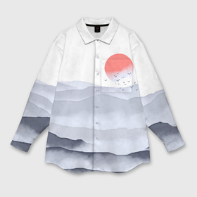Мужская рубашка oversize 3D с принтом Японский пейзаж   восход солнца ,  |  | 