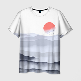 Мужская футболка 3D с принтом Японский пейзаж   восход солнца , 100% полиэфир | прямой крой, круглый вырез горловины, длина до линии бедер | 