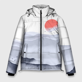 Мужская зимняя куртка 3D с принтом Японский пейзаж   восход солнца в Санкт-Петербурге, верх — 100% полиэстер; подкладка — 100% полиэстер; утеплитель — 100% полиэстер | длина ниже бедра, свободный силуэт Оверсайз. Есть воротник-стойка, отстегивающийся капюшон и ветрозащитная планка. 

Боковые карманы с листочкой на кнопках и внутренний карман на молнии. | Тематика изображения на принте: 