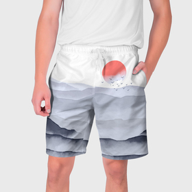 Мужские шорты 3D с принтом Японский пейзаж   восход солнца ,  полиэстер 100% | прямой крой, два кармана без застежек по бокам. Мягкая трикотажная резинка на поясе, внутри которой широкие завязки. Длина чуть выше колен | 