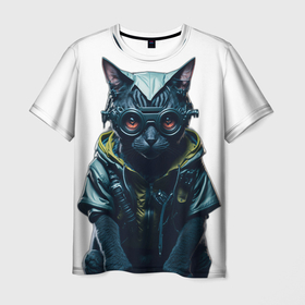Мужская футболка 3D с принтом Киберпанк кот в спортивной одежде в Курске, 100% полиэфир | прямой крой, круглый вырез горловины, длина до линии бедер | 