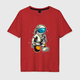 Мужская футболка хлопок Oversize с принтом Космонавт играет планетой  как мячом в Екатеринбурге, 100% хлопок | свободный крой, круглый ворот, “спинка” длиннее передней части | 