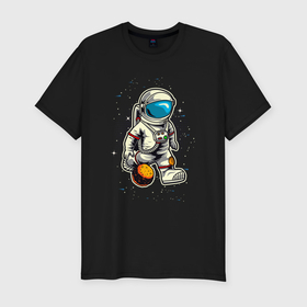 Мужская футболка хлопок Slim с принтом Космонавт играет планетой  как мячом в Курске, 92% хлопок, 8% лайкра | приталенный силуэт, круглый вырез ворота, длина до линии бедра, короткий рукав | 