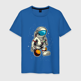 Мужская футболка хлопок с принтом Космонавт играет планетой как мячом в Екатеринбурге, 100% хлопок | прямой крой, круглый вырез горловины, длина до линии бедер, слегка спущенное плечо. | 