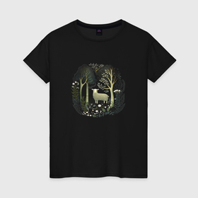 Женская футболка хлопок с принтом Овечка в лесу в Белгороде, 100% хлопок | прямой крой, круглый вырез горловины, длина до линии бедер, слегка спущенное плечо | 