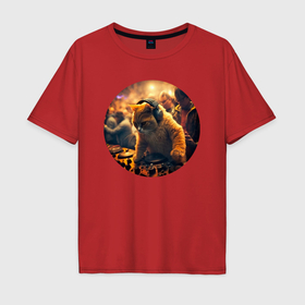 Мужская футболка хлопок Oversize с принтом Кот диджей в Екатеринбурге, 100% хлопок | свободный крой, круглый ворот, “спинка” длиннее передней части | 