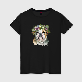Женская футболка хлопок с принтом Английский бульдог в венке из цветов в Санкт-Петербурге, 100% хлопок | прямой крой, круглый вырез горловины, длина до линии бедер, слегка спущенное плечо | 