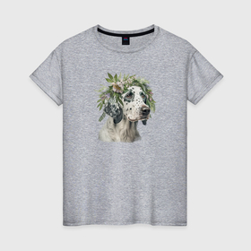 Женская футболка хлопок с принтом Английский сеттер в венке из цветов в Екатеринбурге, 100% хлопок | прямой крой, круглый вырез горловины, длина до линии бедер, слегка спущенное плечо | 