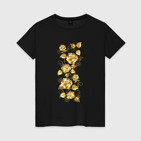 Женская футболка хлопок с принтом Golden roses в Петрозаводске, 100% хлопок | прямой крой, круглый вырез горловины, длина до линии бедер, слегка спущенное плечо | 