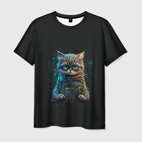 Мужская футболка 3D с принтом Ученый кот программист , 100% полиэфир | прямой крой, круглый вырез горловины, длина до линии бедер | 