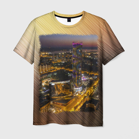 Мужская футболка 3D с принтом Екатеринбург   Башня Исеть и Дом советов вечером в Екатеринбурге, 100% полиэфир | прямой крой, круглый вырез горловины, длина до линии бедер | 