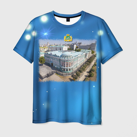 Мужская футболка 3D с принтом Екатеринбург   Дом Севастьянова и Исеть в Новосибирске, 100% полиэфир | прямой крой, круглый вырез горловины, длина до линии бедер | 