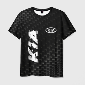 Мужская футболка 3D с принтом KIA карбоновый фон в Тюмени, 100% полиэфир | прямой крой, круглый вырез горловины, длина до линии бедер | 