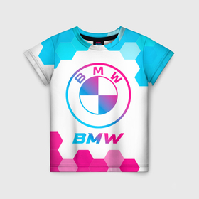 Детская футболка 3D с принтом BMW neon gradient style в Курске, 100% гипоаллергенный полиэфир | прямой крой, круглый вырез горловины, длина до линии бедер, чуть спущенное плечо, ткань немного тянется | 