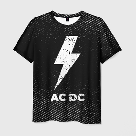 Мужская футболка 3D с принтом AC DC с потертостями на темном фоне в Курске, 100% полиэфир | прямой крой, круглый вырез горловины, длина до линии бедер | 