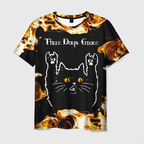 Мужская футболка 3D с принтом Three Days Grace рок кот и огонь в Петрозаводске, 100% полиэфир | прямой крой, круглый вырез горловины, длина до линии бедер | Тематика изображения на принте: 
