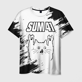 Мужская футболка 3D с принтом Sum41 рок кот на светлом фоне в Новосибирске, 100% полиэфир | прямой крой, круглый вырез горловины, длина до линии бедер | 