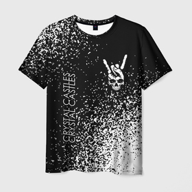 Мужская футболка 3D с принтом Crystal Castles и рок символ на темном фоне , 100% полиэфир | прямой крой, круглый вырез горловины, длина до линии бедер | 