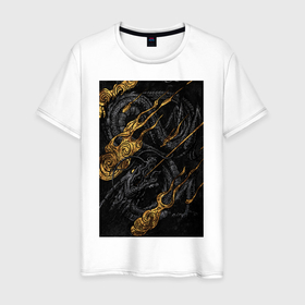 Мужская футболка хлопок с принтом Дракон в золоте в Петрозаводске, 100% хлопок | прямой крой, круглый вырез горловины, длина до линии бедер, слегка спущенное плечо. | Тематика изображения на принте: 