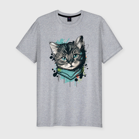 Мужская футболка хлопок Slim с принтом Bosya котёнок в Петрозаводске, 92% хлопок, 8% лайкра | приталенный силуэт, круглый вырез ворота, длина до линии бедра, короткий рукав | 