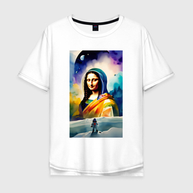 Мужская футболка хлопок Oversize с принтом Gioconda in space   watercolor в Петрозаводске, 100% хлопок | свободный крой, круглый ворот, “спинка” длиннее передней части | 