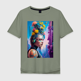 Мужская футболка хлопок Oversize с принтом Girl in headphones   cyberpunk в Курске, 100% хлопок | свободный крой, круглый ворот, “спинка” длиннее передней части | 