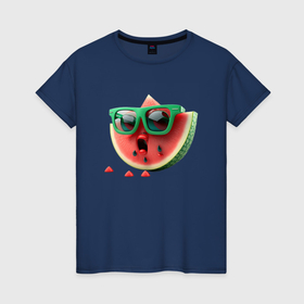 Женская футболка хлопок с принтом Долька красного арбуза в солнечных очках. в Курске, 100% хлопок | прямой крой, круглый вырез горловины, длина до линии бедер, слегка спущенное плечо | 