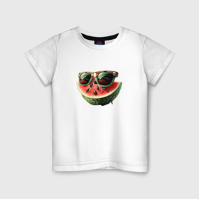 Детская футболка хлопок с принтом Долька красного арбуза в солнечных очках. в Петрозаводске, 100% хлопок | круглый вырез горловины, полуприлегающий силуэт, длина до линии бедер | 