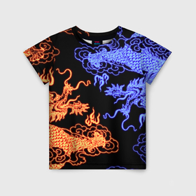 Детская футболка 3D с принтом Парящие неоновые драконы в Курске, 100% гипоаллергенный полиэфир | прямой крой, круглый вырез горловины, длина до линии бедер, чуть спущенное плечо, ткань немного тянется | 