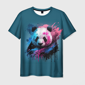 Мужская футболка 3D с принтом Panda color drops , 100% полиэфир | прямой крой, круглый вырез горловины, длина до линии бедер | 