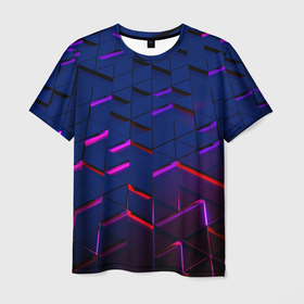 Мужская футболка 3D с принтом Неоновые треугольники с подсветкой в Санкт-Петербурге, 100% полиэфир | прямой крой, круглый вырез горловины, длина до линии бедер | Тематика изображения на принте: 