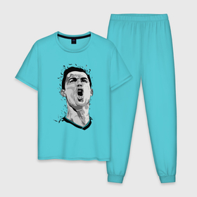 Мужская пижама хлопок с принтом Scream Ronaldo в Санкт-Петербурге, 100% хлопок | брюки и футболка прямого кроя, без карманов, на брюках мягкая резинка на поясе и по низу штанин
 | 