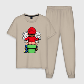 Мужская пижама хлопок с принтом Марио с газетой в Новосибирске, 100% хлопок | брюки и футболка прямого кроя, без карманов, на брюках мягкая резинка на поясе и по низу штанин
 | Тематика изображения на принте: 