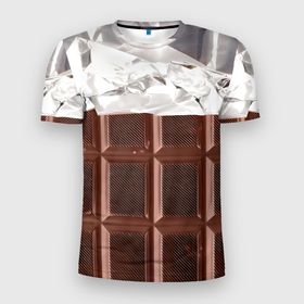 Мужская футболка 3D Slim с принтом Темная плитка шоколада в обертке в Екатеринбурге, 100% полиэстер с улучшенными характеристиками | приталенный силуэт, круглая горловина, широкие плечи, сужается к линии бедра | Тематика изображения на принте: 