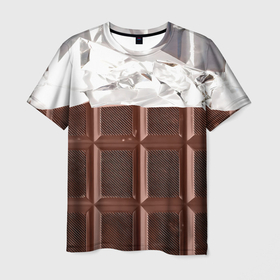 Мужская футболка 3D с принтом Темная плитка шоколада в обертке в Екатеринбурге, 100% полиэфир | прямой крой, круглый вырез горловины, длина до линии бедер | Тематика изображения на принте: 