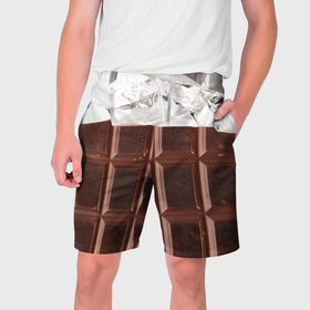 Мужские шорты 3D с принтом Темная плитка шоколада в обертке в Екатеринбурге,  полиэстер 100% | прямой крой, два кармана без застежек по бокам. Мягкая трикотажная резинка на поясе, внутри которой широкие завязки. Длина чуть выше колен | 