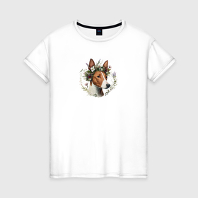 Женская футболка хлопок с принтом Басенджи в венке из цветов в Екатеринбурге, 100% хлопок | прямой крой, круглый вырез горловины, длина до линии бедер, слегка спущенное плечо | 