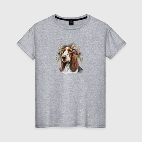 Женская футболка хлопок с принтом Бассет хаунд в венке из цветов в Петрозаводске, 100% хлопок | прямой крой, круглый вырез горловины, длина до линии бедер, слегка спущенное плечо | 
