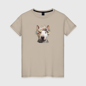 Женская футболка хлопок с принтом Бультерьер в венке из цветов в Петрозаводске, 100% хлопок | прямой крой, круглый вырез горловины, длина до линии бедер, слегка спущенное плечо | 