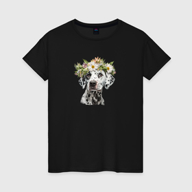 Женская футболка хлопок с принтом Далматин в венке из цветов в Санкт-Петербурге, 100% хлопок | прямой крой, круглый вырез горловины, длина до линии бедер, слегка спущенное плечо | 