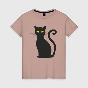 Женская футболка хлопок с принтом Чёрный кот сидит в Петрозаводске, 100% хлопок | прямой крой, круглый вырез горловины, длина до линии бедер, слегка спущенное плечо | Тематика изображения на принте: 