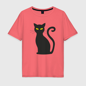 Мужская футболка хлопок Oversize с принтом Чёрный кот сидит в Петрозаводске, 100% хлопок | свободный крой, круглый ворот, “спинка” длиннее передней части | Тематика изображения на принте: 