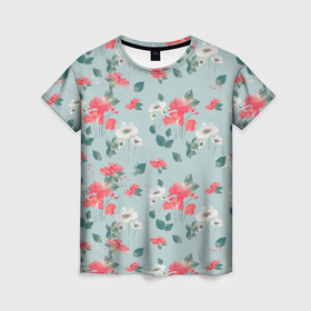 Женская футболка 3D с принтом паттерн с красными и белыми цветами в Курске, 100% полиэфир ( синтетическое хлопкоподобное полотно) | прямой крой, круглый вырез горловины, длина до линии бедер | 