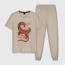 Мужская пижама хлопок с принтом Красный Китайский дракон в Кировске, 100% хлопок | брюки и футболка прямого кроя, без карманов, на брюках мягкая резинка на поясе и по низу штанин
 | 