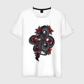 Мужская футболка хлопок с принтом Черный китайский дракон в Тюмени, 100% хлопок | прямой крой, круглый вырез горловины, длина до линии бедер, слегка спущенное плечо. | Тематика изображения на принте: 
